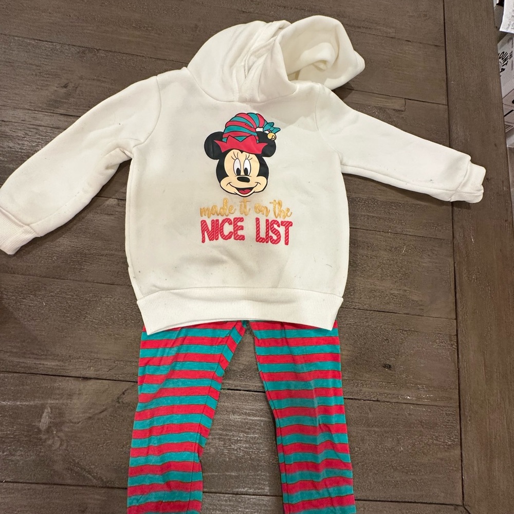 Disney Cream Hoodie and Red-Green Striped Pants Set